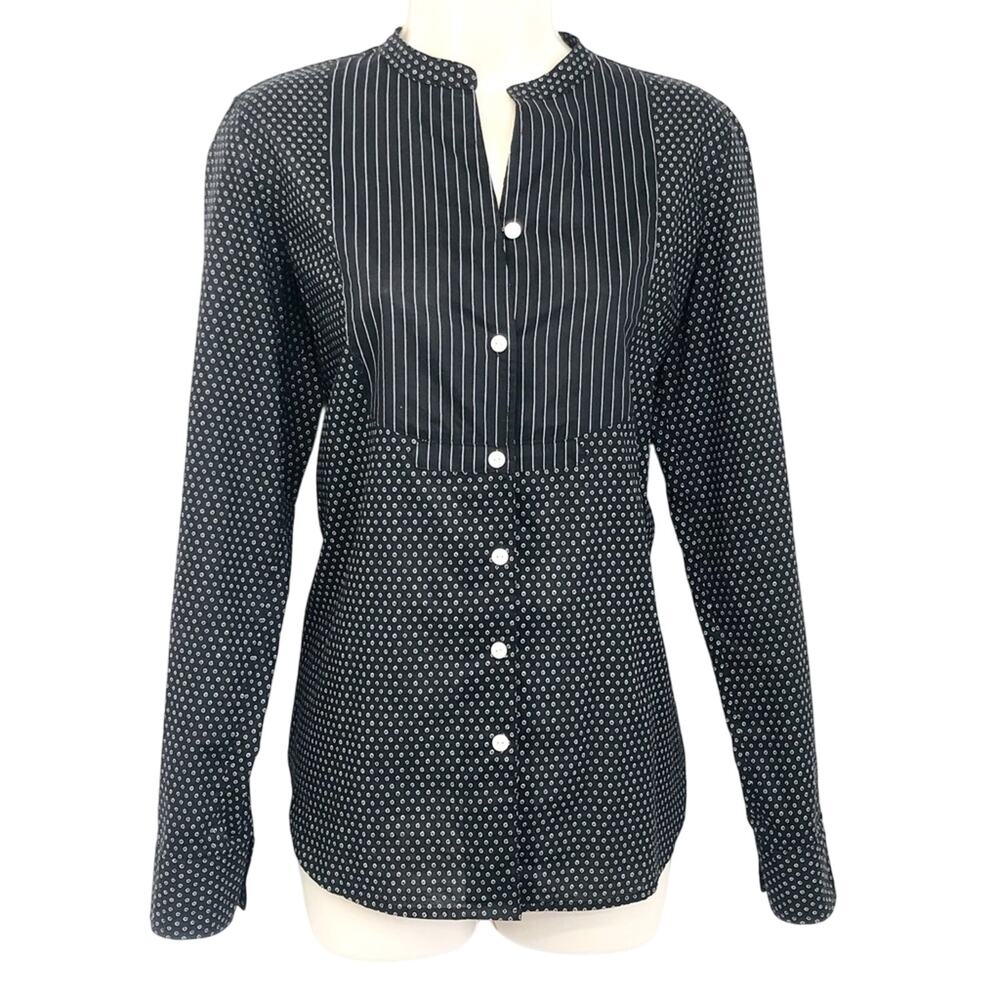 Lauren Jeans Co Black White Print Tuxedo Front Blouse Button Front Long Sleeve